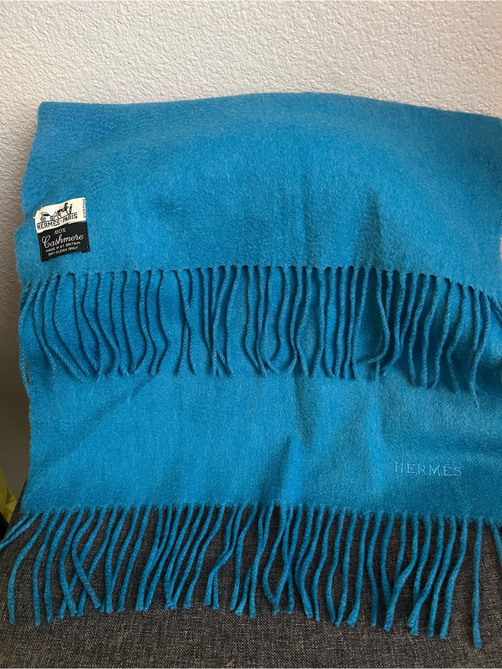 Hermes  Teal Logo Embroidered Cashmere Scarf